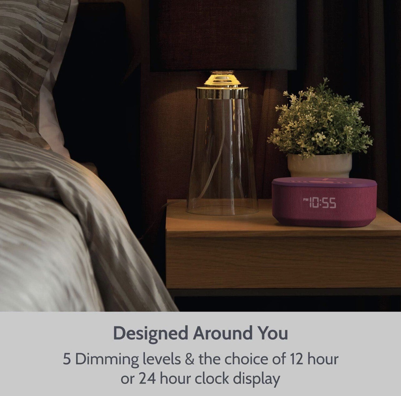 i-box Bedside Radio Alarm Clock with USB Charger, Bluetooth Speaker, Purple 