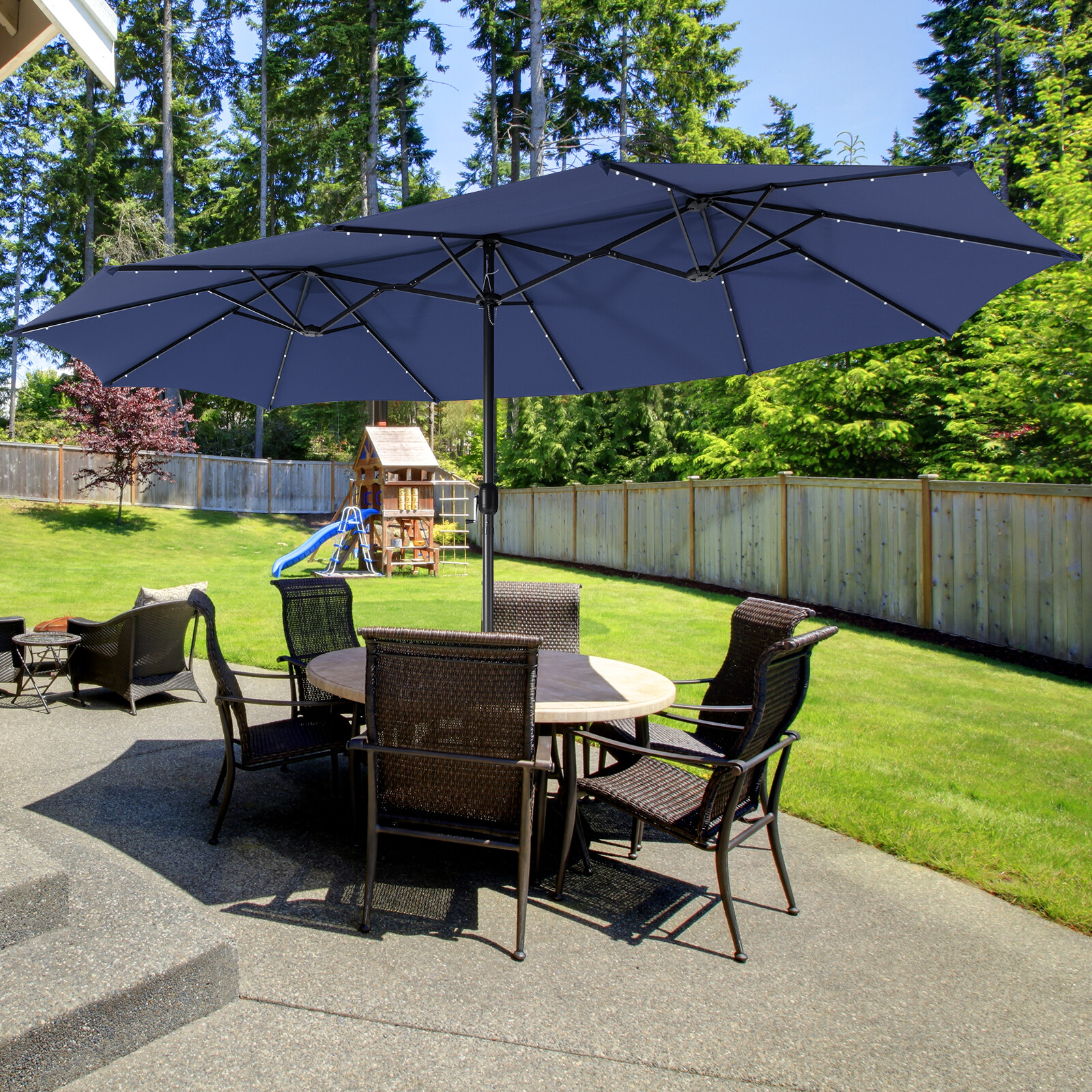 15u0026#039; Double-Sided Patio Umbrella 48 Solar LED Lights Crank u0026amp; Base  Outdoor Navy | eBay