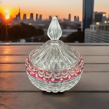 Vintage Indiana Glass Clear Cut Candy Dish with Ruby Trim and Lid