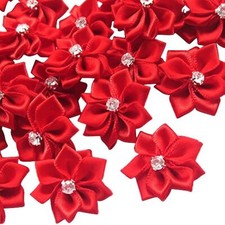 40 Pcs 28mm Red Ribbon Flowers Bows with Rhinestone Wedding Appliques