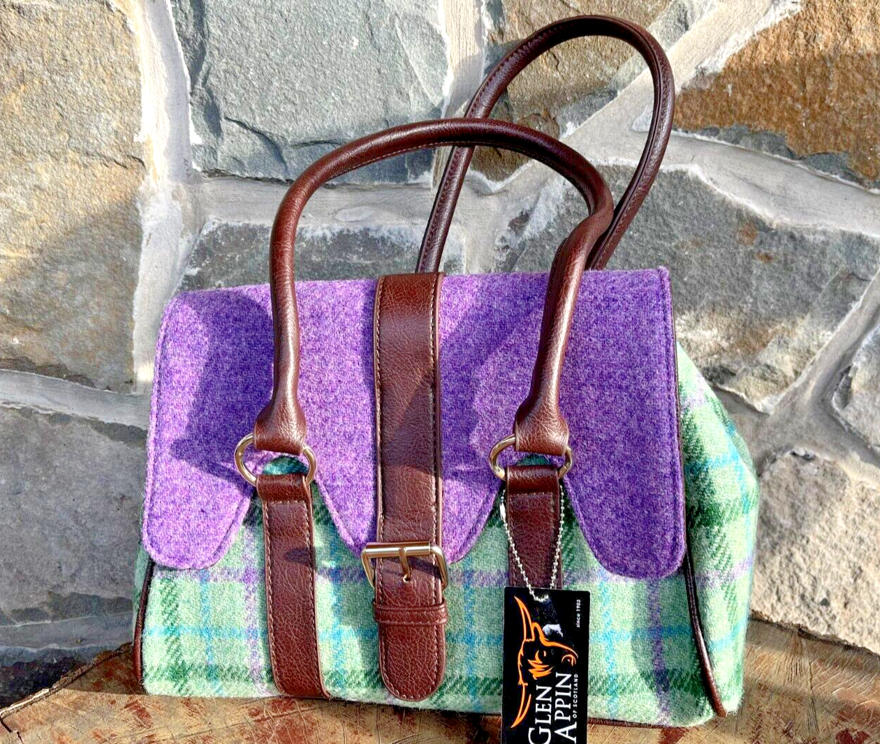 GLEN APPIN Scotland Harris Tweed Scallop Bag G51 3TR Violet/Green NEW with Tags