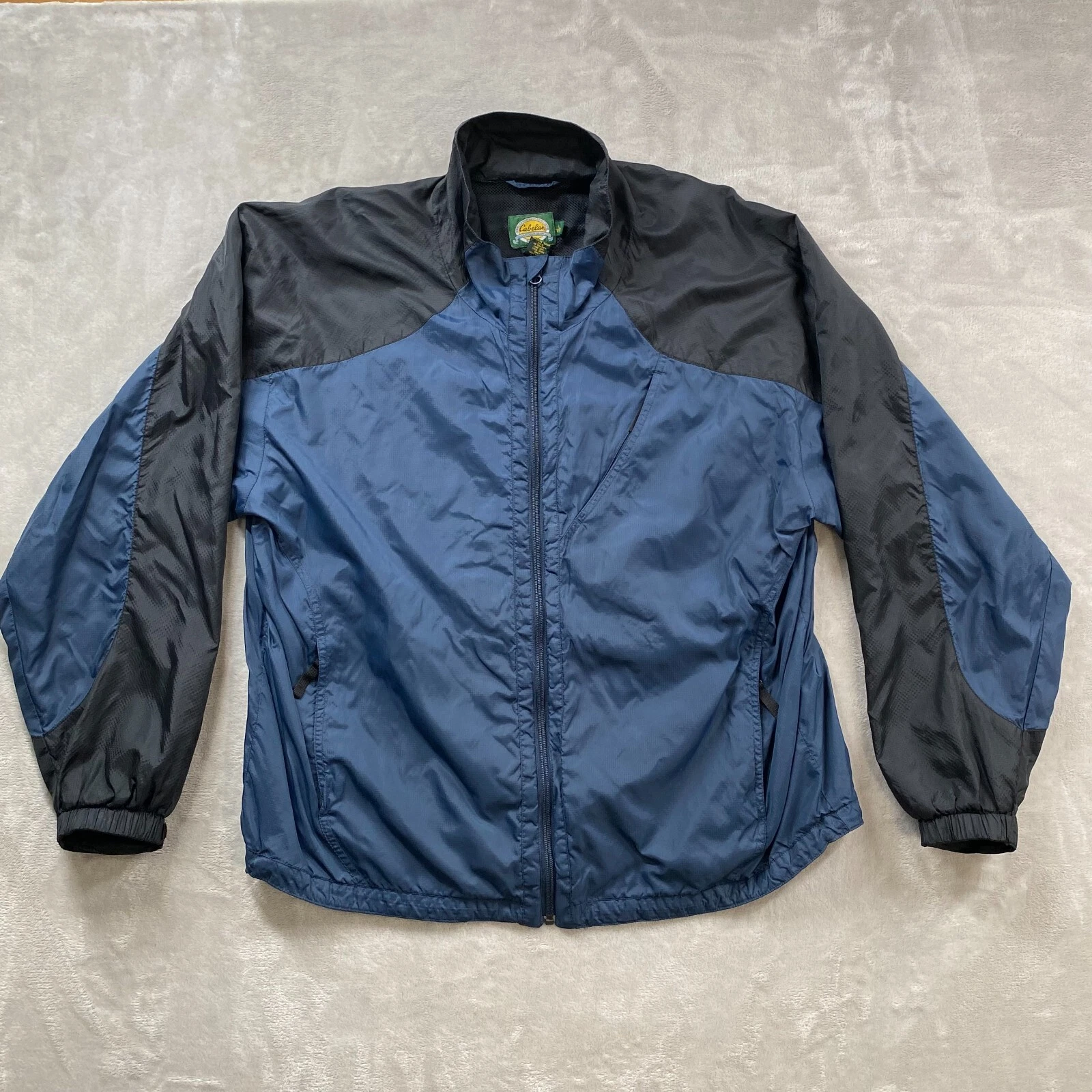 Cabelas Windbreaker Jacket Mens Sz Large Full Zip Zipper Pockets Blue And Black