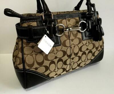 NWT Coach Hamptons Sig Khaki C Chestnut Leather Medium Carryall