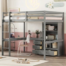 Full Size Loft Bed with Desk Storage Cabinet & Bookshelves Wood Bunk Bed Frames