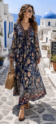 Flying Tomato Blue Floral Boho Chiffon Lined V-Neck Bell Sleeve Maxi Dress S