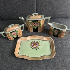 SEIJI  CO Vintage 4pc Lusterware Cream Sugar Teapot Dish Set Japan Blue/Peach