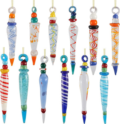12Pcs Colorful Glass Icicle Ornaments with Crystal Line for Christmas Tree Decor