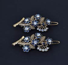 2pc Vintage Plum Blossom Floral Rhinestone Crystal Hair Barrette Clips Golden B9