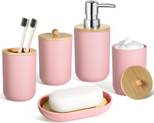 Pink Bathroom Accessories - 5 Pcs, Plastic Decor Set, Soap Dispenser, Toothbrush