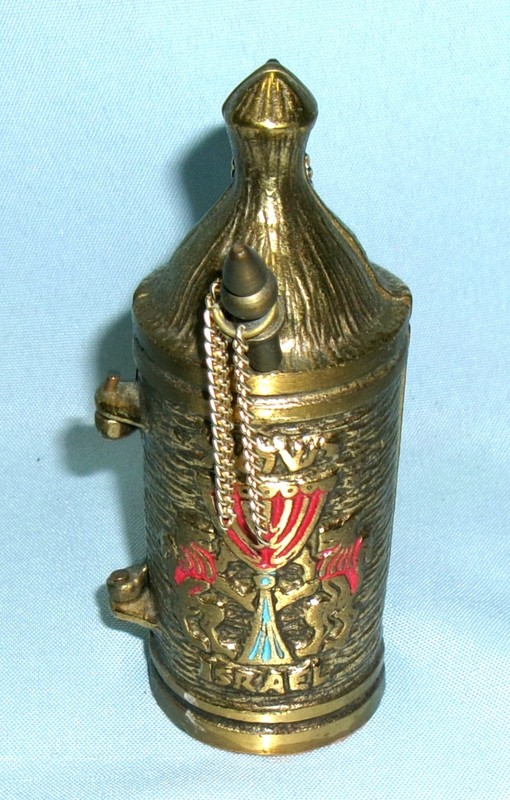 PRINTED TORAH SCROLL IN 4.25" TALL ENAMELED BRASS CASE, STAND or HOLDER ~ ISRAEL
