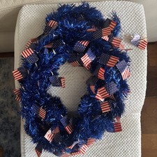 Patriotic Blue Tinsel Garland with US Flags 4th Of July Decor 11.5 ft length