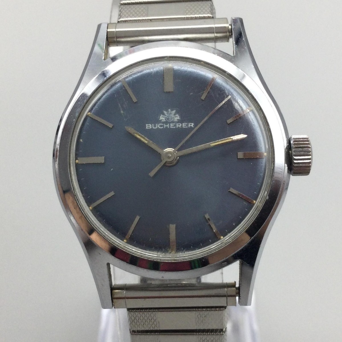 BUCHERER ヴィンテージ腕時計 Vintage Bucherer Mens Watch 29mm Blue Dial Silver Tone Stretch