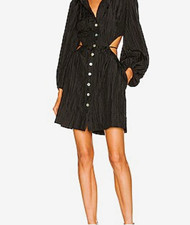 LPA Black Solid Crinkle Shirt Dress Collared Balloon Sleeve Cutout Button M