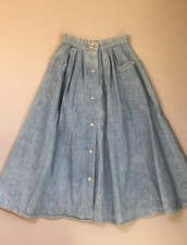 Vintage 90s OshKosh Jean Denim Midi Skirt Buttons Pleated Pockets Sz 8 Waist 24