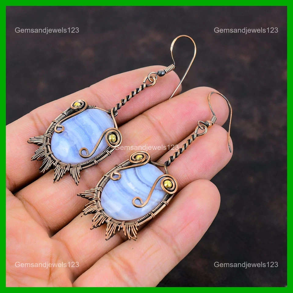 Натуральный синий кружева агата проволоки обернутый подвеской падение шикарный серьги ювелирных изделий меди - Изображение 4 из 4