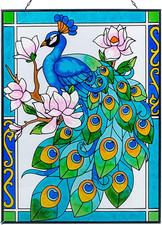 Peacock Stained Glass Window Hanging, 11" W X 15" H Stained Glass Panel with Cha