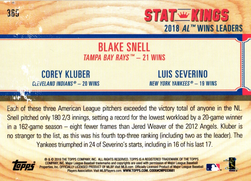 2019 Topps Big League #365 Blake Snell / Corey Kluber / Luis Severino - Image 2 of 2