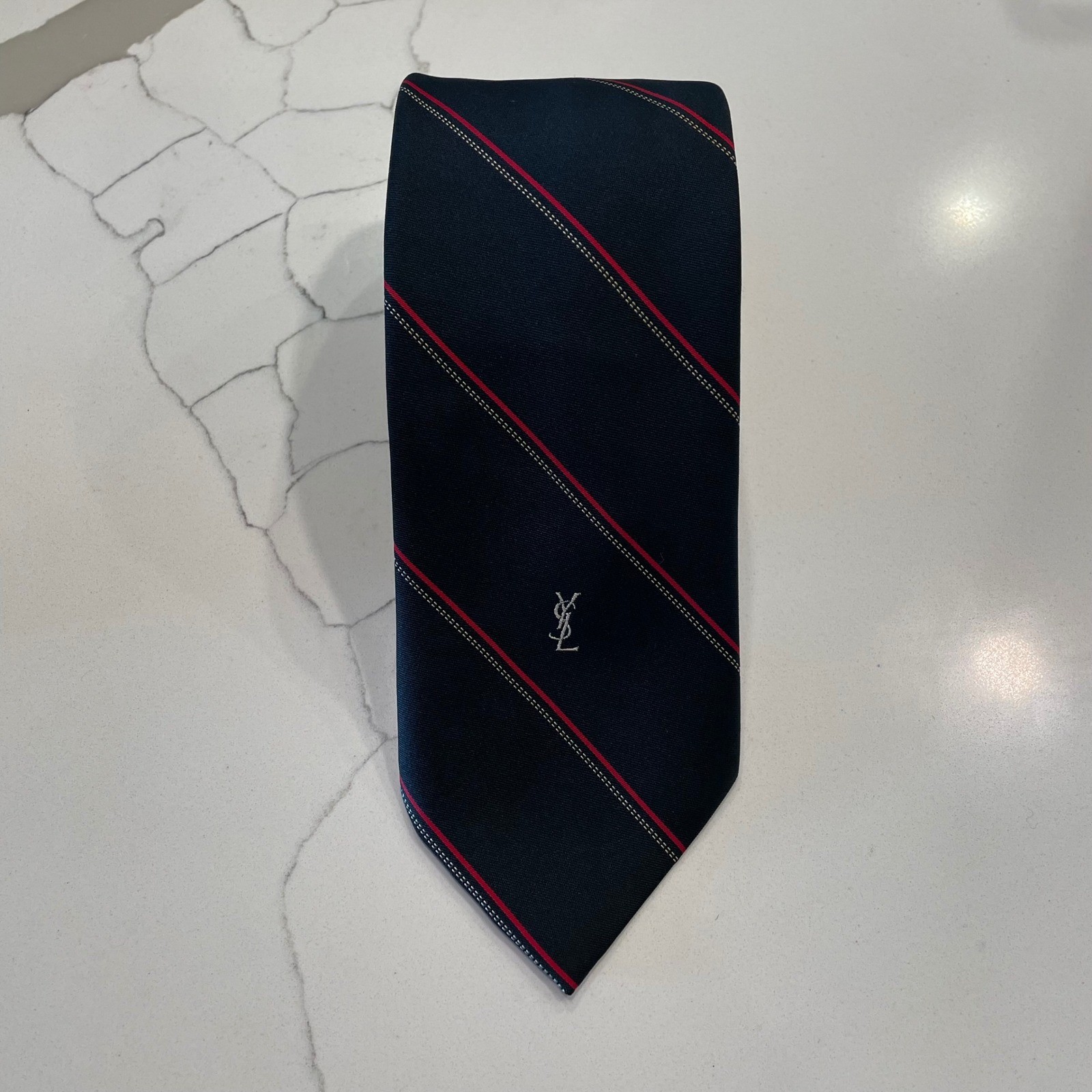 Yves Saint Laurent Mens Silk Tie Navy Blue Red White Striped YSL Monogram Logo