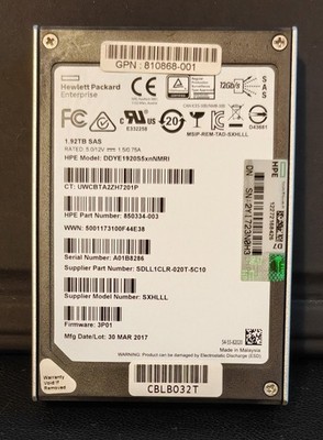 1.92TB HPE DDYE1920S5xnNMRI 850334-003 12G SAS 2.5'' SSD 512B Format 98% Health