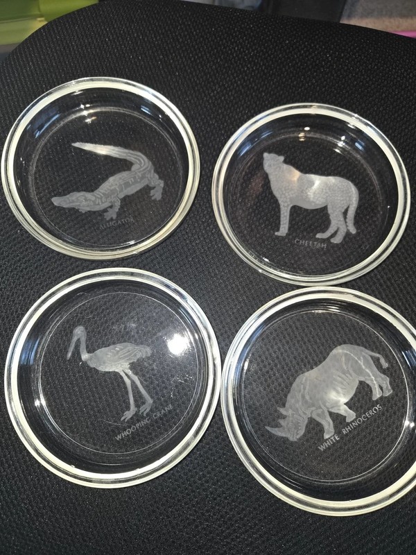 Vintage Etched Endangered Wildlife Animal Glass Coaster Set