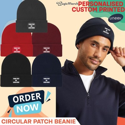 Personalisierte bedruckte Uneek Rund Patch Beanie Wunschtext Logo Arbeitskleidung Mütze