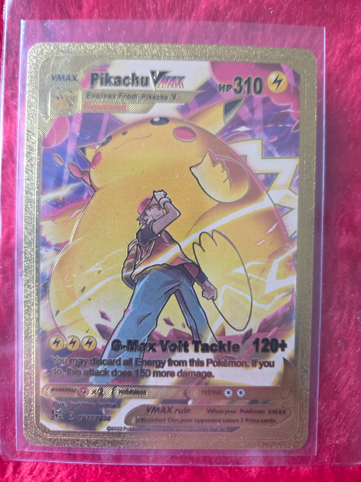 Pokemon Pikachu w/ Ash VMAX Gold Foil Fan Art Collector Card  - 310 HP - TG17
