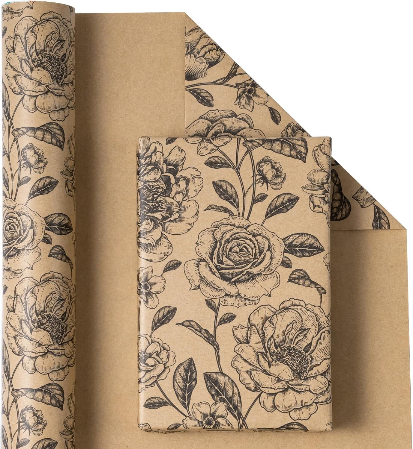 Kraft Floral Wrapping Paper Roll - Mini Roll - 17 Inch x 33 Feet - Vintage Black
