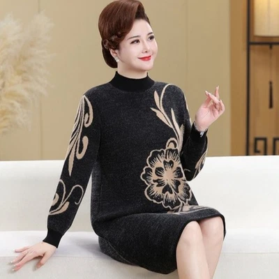 Damen Dick Gestrickt Kleid Midi Lockerer Pullover Blumen Weich Langärmlig Party - Bild 1 von 4