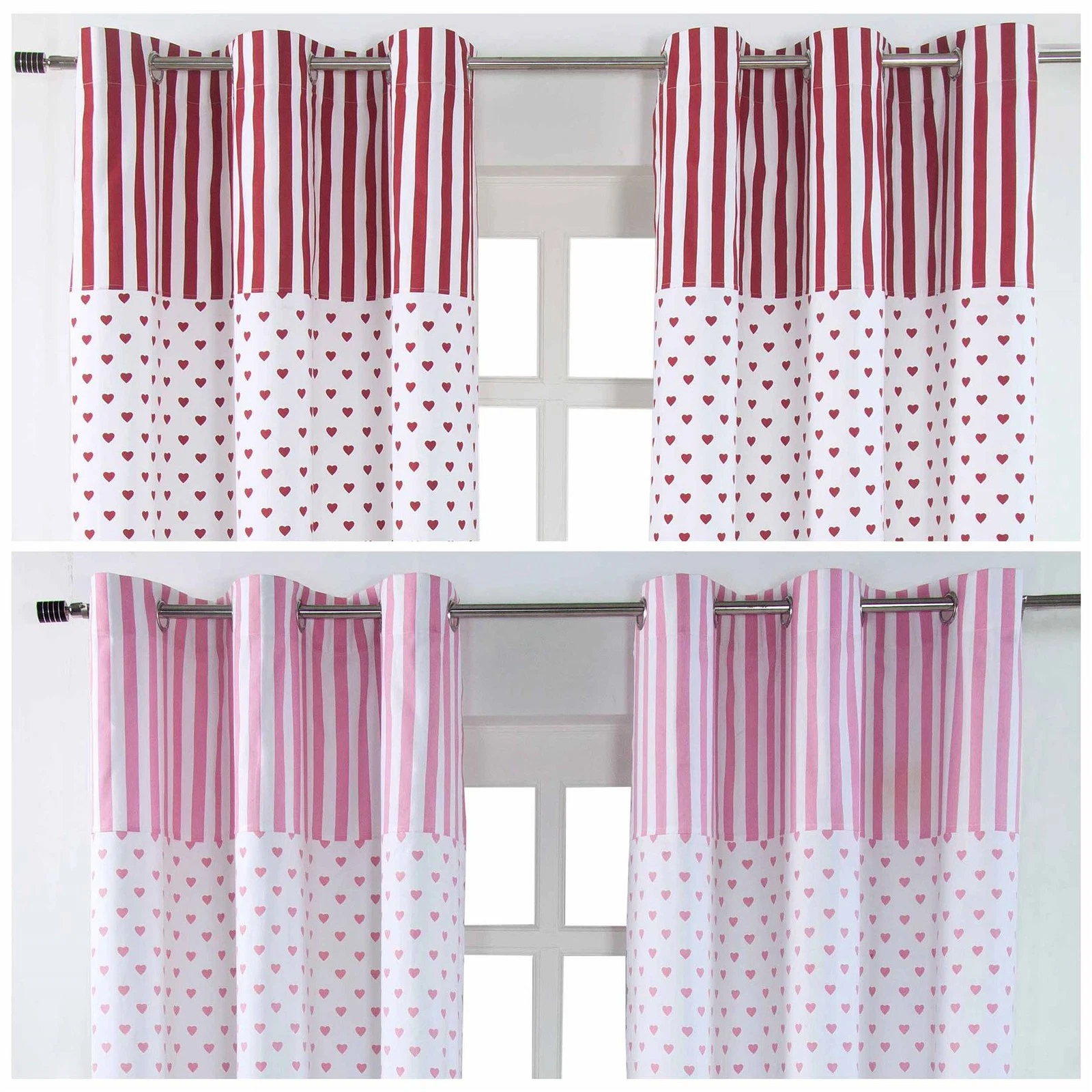 Love Hearts Cotton Ready Made Eyelet Ring Top Curtain Pair Red, Pink