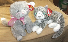 NEW & HTF TY BEANIES-GRAY CATS (2)-PURR w/Aqua Eyes 2000 & FLUFF 2005-tag errors