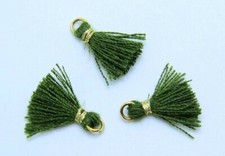 Green Tassels Mini Cotton Jewelry Tassel with Gold Binding Jump Ring 3pcs 10mm
