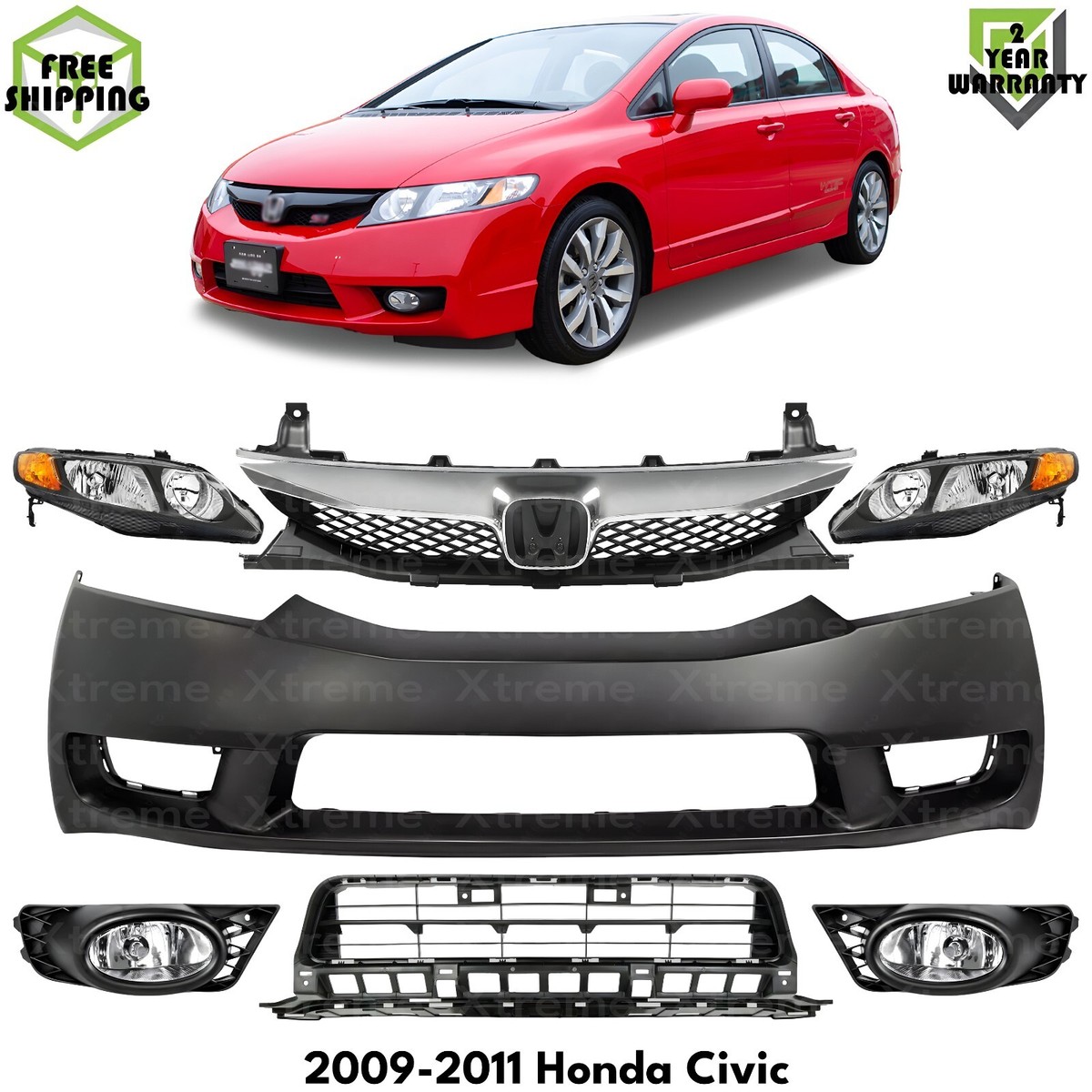 Front Bumper Paintable Plastic & Headlights Kit For 2009-2011