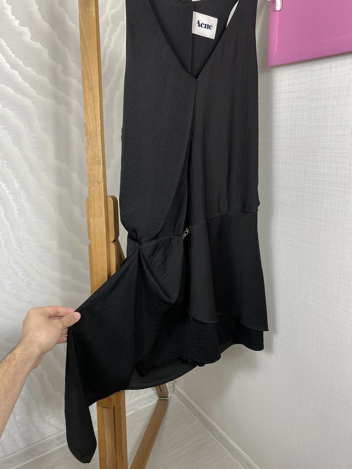 Abito senza maniche Acne Studios raso nero svasato mini taglia M asimmetrico