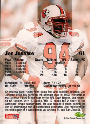 1994 Classic NFL Draft #61 - Joe Johnson - New Orleans Saints 94