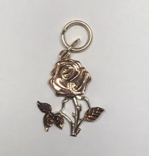 14k SOLID TRI-COLOR Gold ROSE w/Thorns & Leaves Pendant/Charm