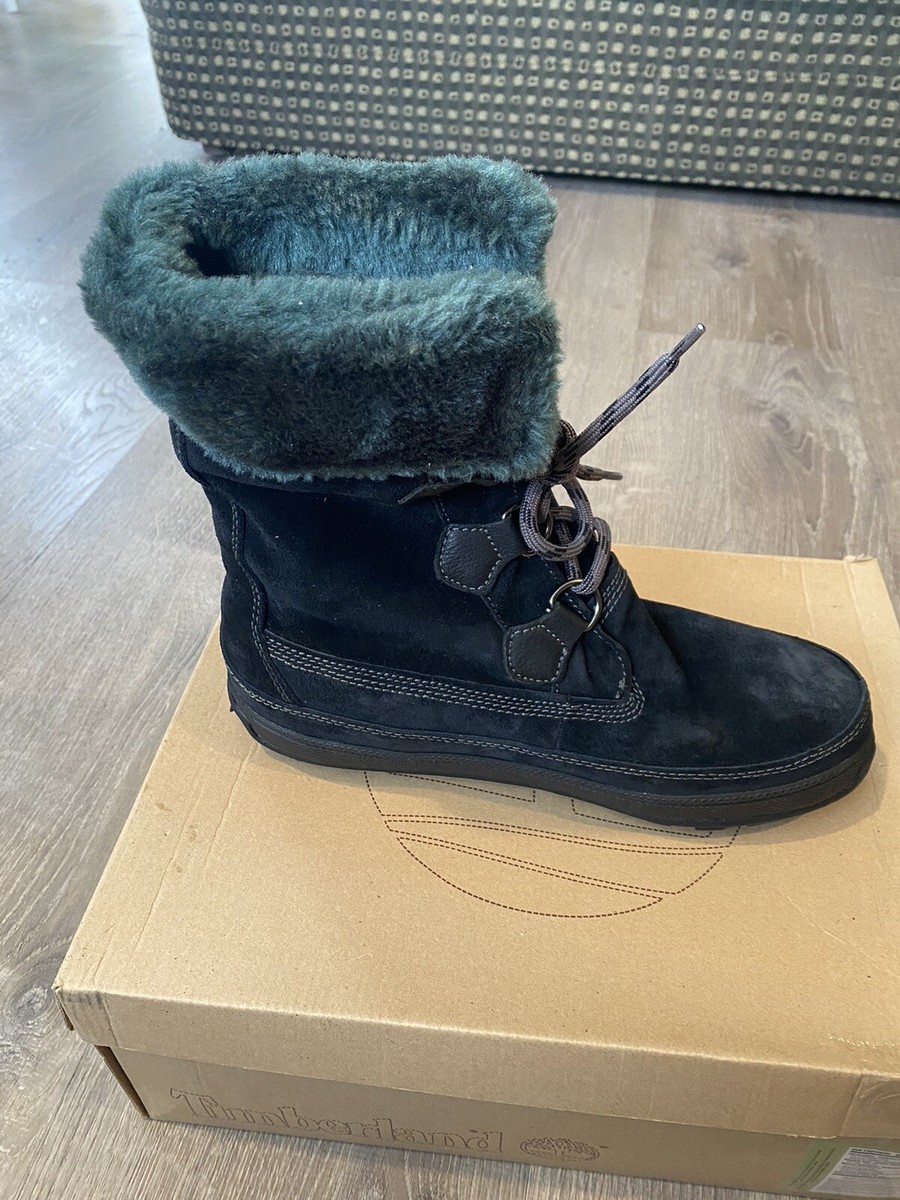 Timberland Snow Boots Black Suede Fur mukluk Mid Calf Lace Up Women Size 10  M