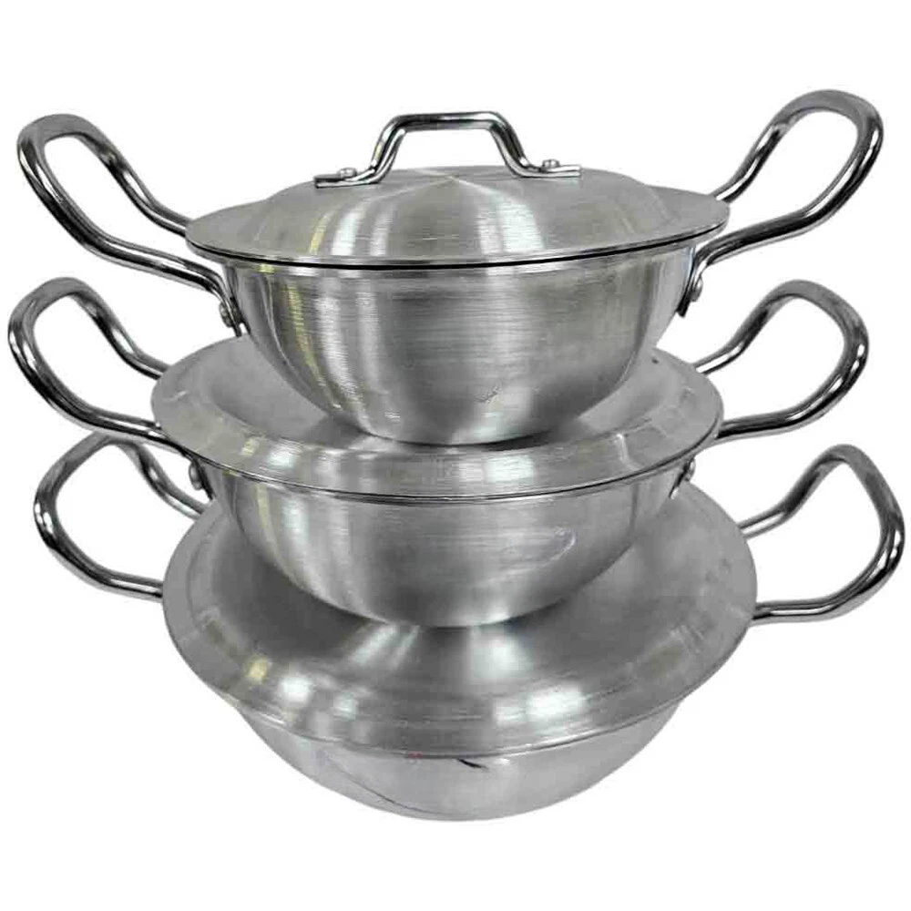 Aluminium Wok Karahi Kadai Set with Lids Round Base Deep Frying Pan 18/20/22cm