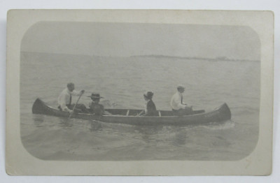 c1910 RPPC Photo Postcard of Two Victorian Couples in Canoe on San Diego Bay
