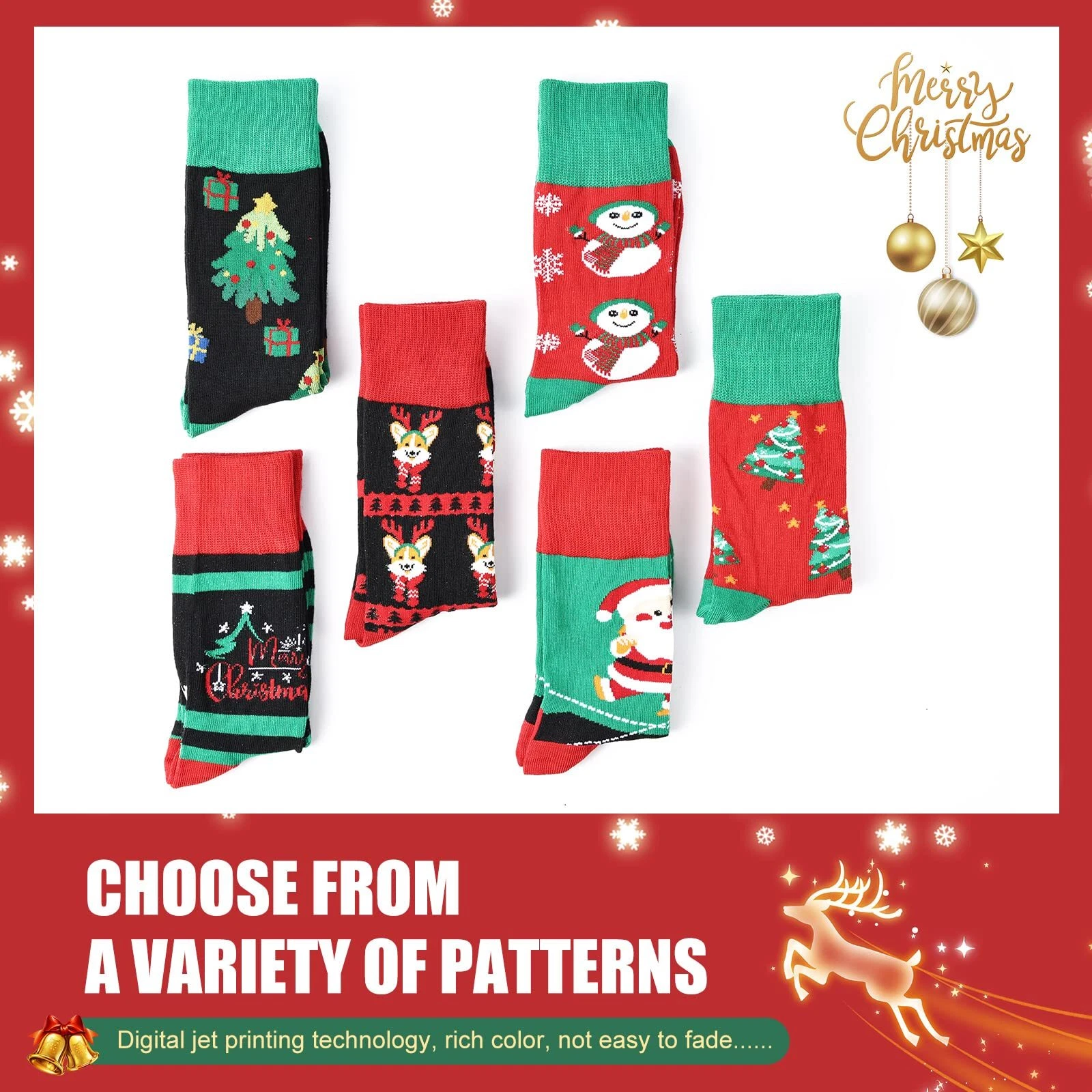 6 Pack Christmas Crew Socks for Men US Size 6-13 Festive Holiday Socks