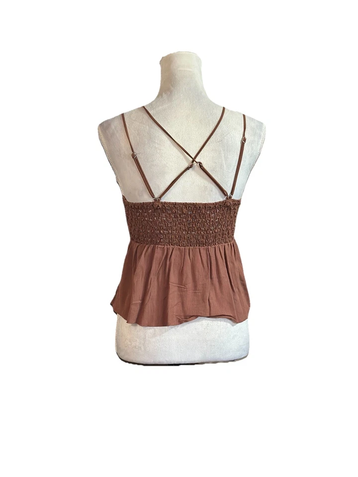 Rue 21 Cami Babydoll Top Crop Ruffles Crochet Lace Criss Cross Back Y2K V Neck L - Image 3 of 4