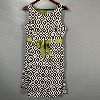 Jessica Howard Dress Womens 10 Sleeveless White Brown Print Ribbon Tie Back  Zip