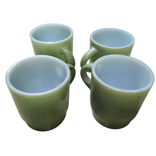 Vintage Anchor Hocking Fire-King Ware Green Stacking Coffee Mugs Set of 4 USA