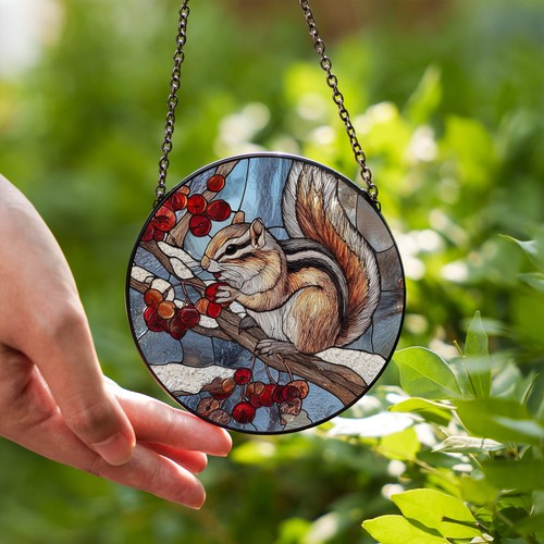 Chipmunk Stained Glass Suncatcher, Woodland Animal Window Decor - 第 2/5 張圖片