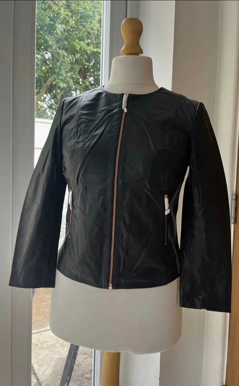 Ted Baker Minimal Leather Jacket Size 3 UK 12 Black New Tags Rose Gold Hardwear