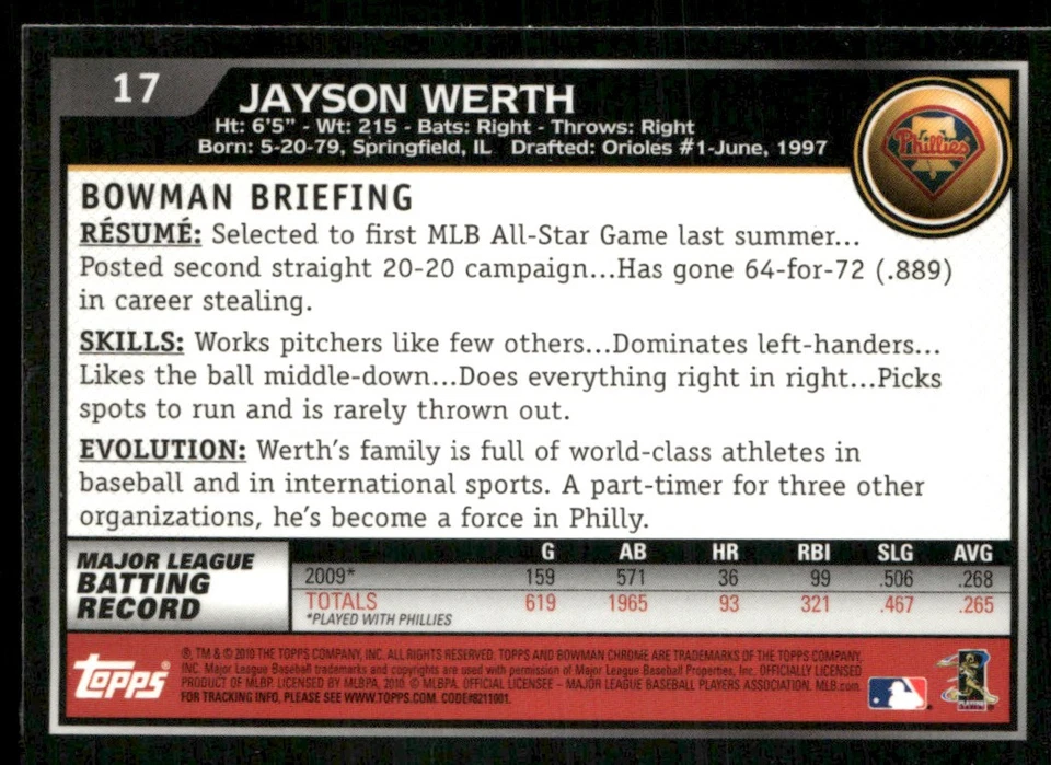 2010 Bowman Chrome Jayson Werth Philadelphia Phillies #17 - Image 2 of 2