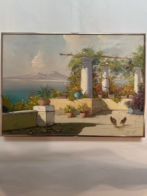 Signed Mediterranean Terrace Oil Painting   Coastal Villa Seascape