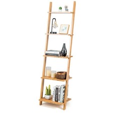 5-Tier Modern Bamboo Wall-Leaning Display Ladder Bookshelf Storage Rack Plant