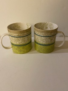 2 Starbucks Zen Leaves Mug 2008 Green Leaf Vine Stripe 14oz Coffee Mug Cup EUC