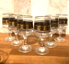 Vtg set 6 MCM Sherry / Port  glasses black greek key & star on gold retro