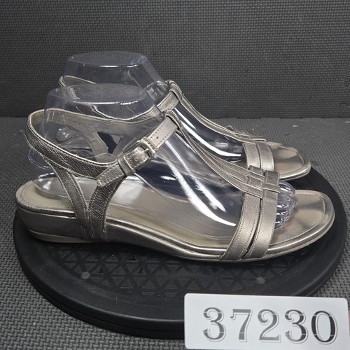 ECCO Sandals Shoes Womens Size 9.5 Silver Strappy Wedge Comfort Adjustable Strap